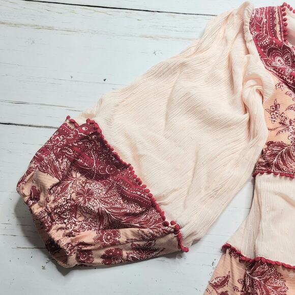 Free People My Love Mini Dress Long Sleeve Pink Red Boho Floral V Neck XS - Picture 6 of 10